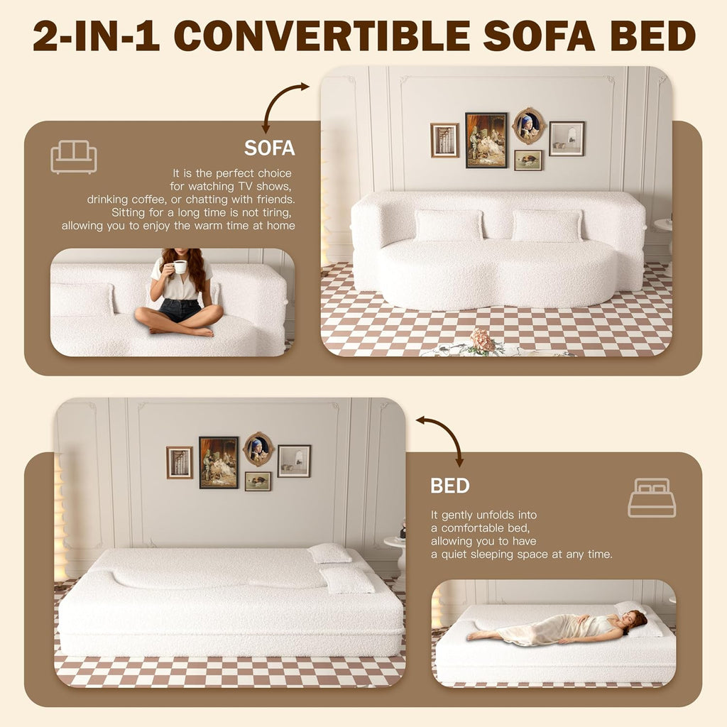 78' Twin Size Convertible Folding Sleeper Sofa Bed, Modern Teddy Fabric Futon Sofa Bed with Pillow, Foam Mattress Loveseat Cloud Couch, No Assembly Floor Couches for Living Room, Apartment, Beige
