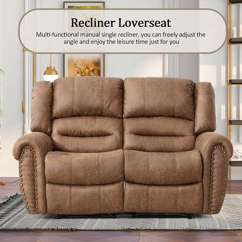 CANMOV Faux Leather Manual Recliner Sofa Set, 2 Recliner Chair and a Loveseat Sofa for Living Room,Bedroom Furniture, Office, Nut Brown