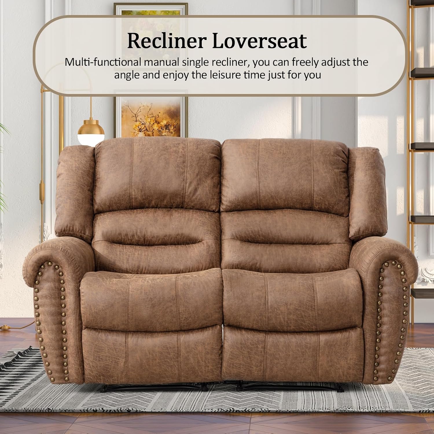 CANMOV Manual Reclining Sofa Set,Faux Leather Manual Recliner Loveseat and Recliner Chair with Overstuffed Armrest for Living Room,Bedroom Furniture,Office,Nut Brown