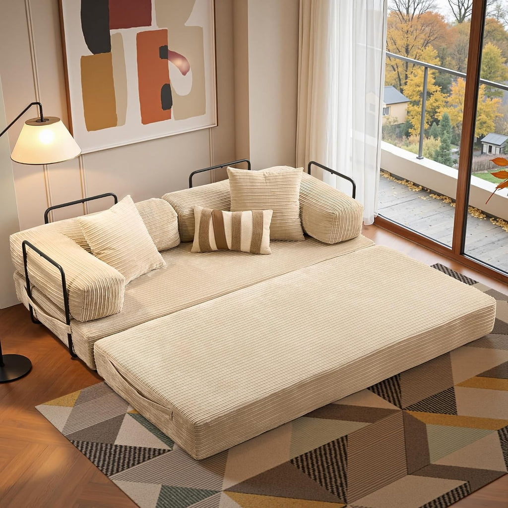 81″ Convertible Sleeper Sofa Bed with Pillows, Corduroy Foldable Mattress Couch with Fixed-Shape Frame, Futon Sofa Bed, Boneless Couch for Living Room Bedroom Lounge Studio, Beige