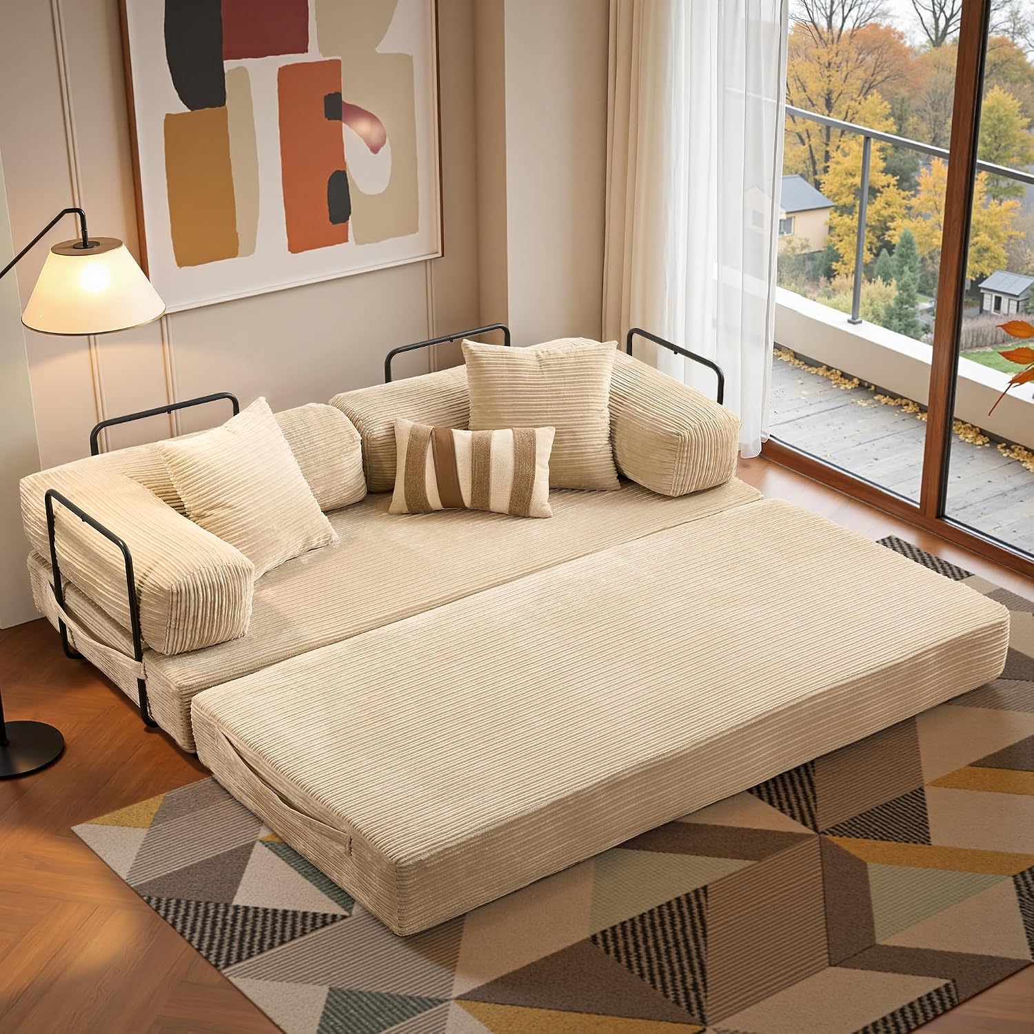 81″ Convertible Sleeper Sofa Bed with Pillows, Corduroy Foldable Mattress Couch with Fixed-Shape Frame, Futon Sofa Bed, Boneless Couch for Living Room Bedroom Lounge Studio, Beige