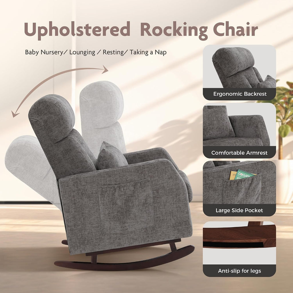 ALPHA HOME Rocking Chair, Glider Chair for Nursery with Lumbar Pillow, High Back Rocker Armchair with Solid Wood Legs for Indoor Living Room, Baby Room, Bedroom(Grey)