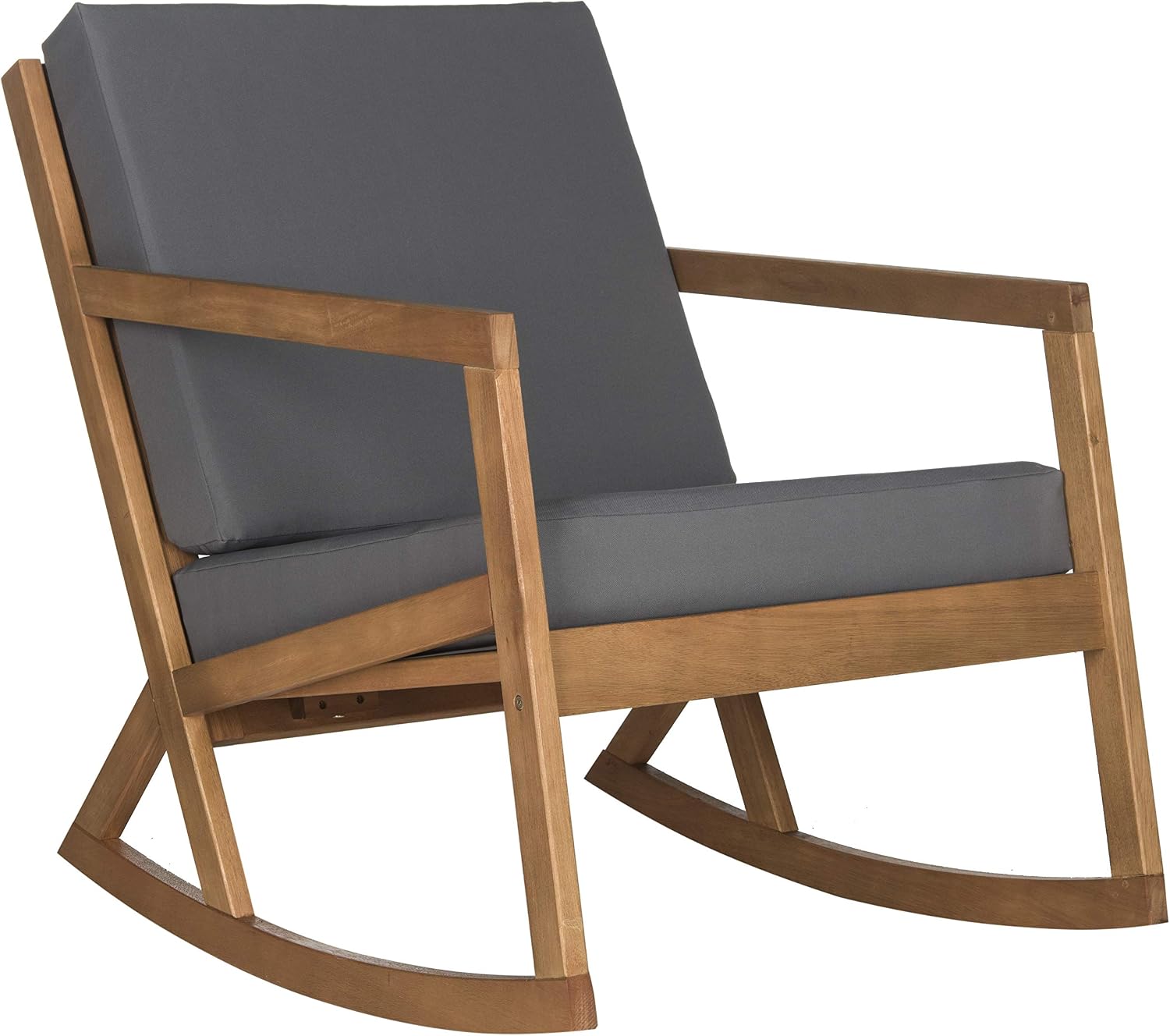 SAFAVIEH Outdoor - Vernon Rocking Chair - Natural & Grey - Solid Wood with Cushion - Shaker-Inspired Slatted Design - Ideal for Patio, Deck, Porch, Backyard, 24.6' Seat Height (PAT7013D)