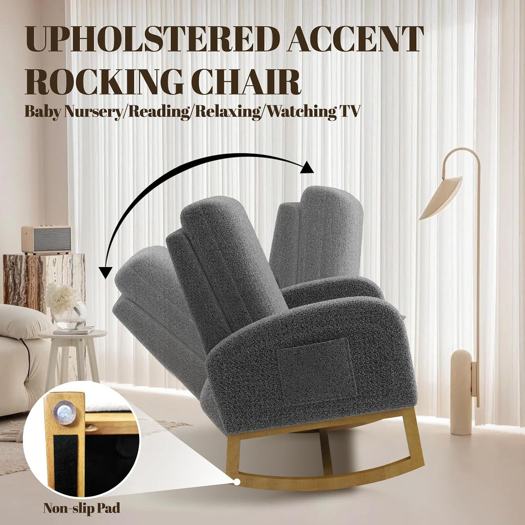 Teddy Upholstered Rocking Chair Nursery, Glider Rocker Chair with High Backrest and Side Pocket, High Back Accent Chair with Wood Legs, Comfy Side Chair for Nursery- Dark Gray