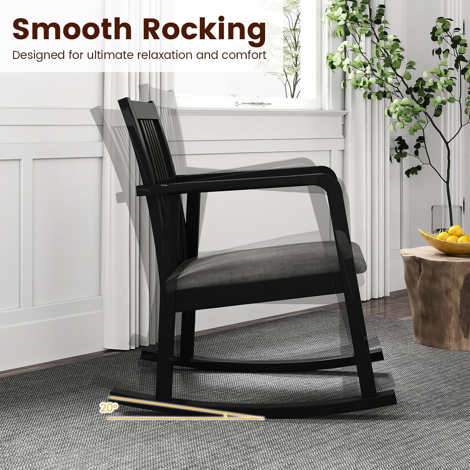 Giantex Rocking Chair with Cushioned Seat, Indoor Solid Rubber Wood Rocker Chair w/Slatted Back & Curved Armrests, Wooden Accent Armchair for Living Room, Bedroom, Study, Porch (2,Black + Gray)