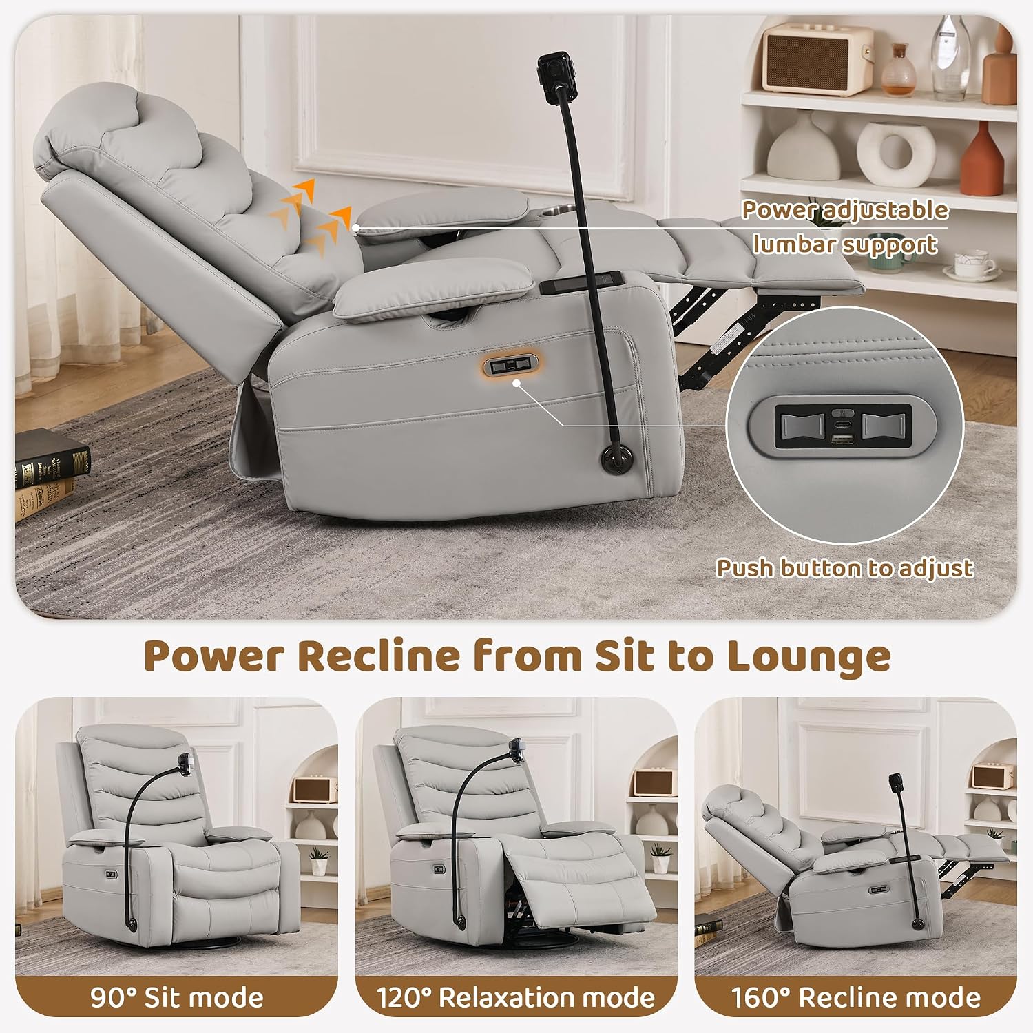 Olela Power Glider Recliner Nursery Chair, PU Leather Swivel Rocking Chair with Electric Lumbar Support, USB Charging, Smart Cup Holder, Light, Adjustable Armrest, Wireless Phone Charger Holder