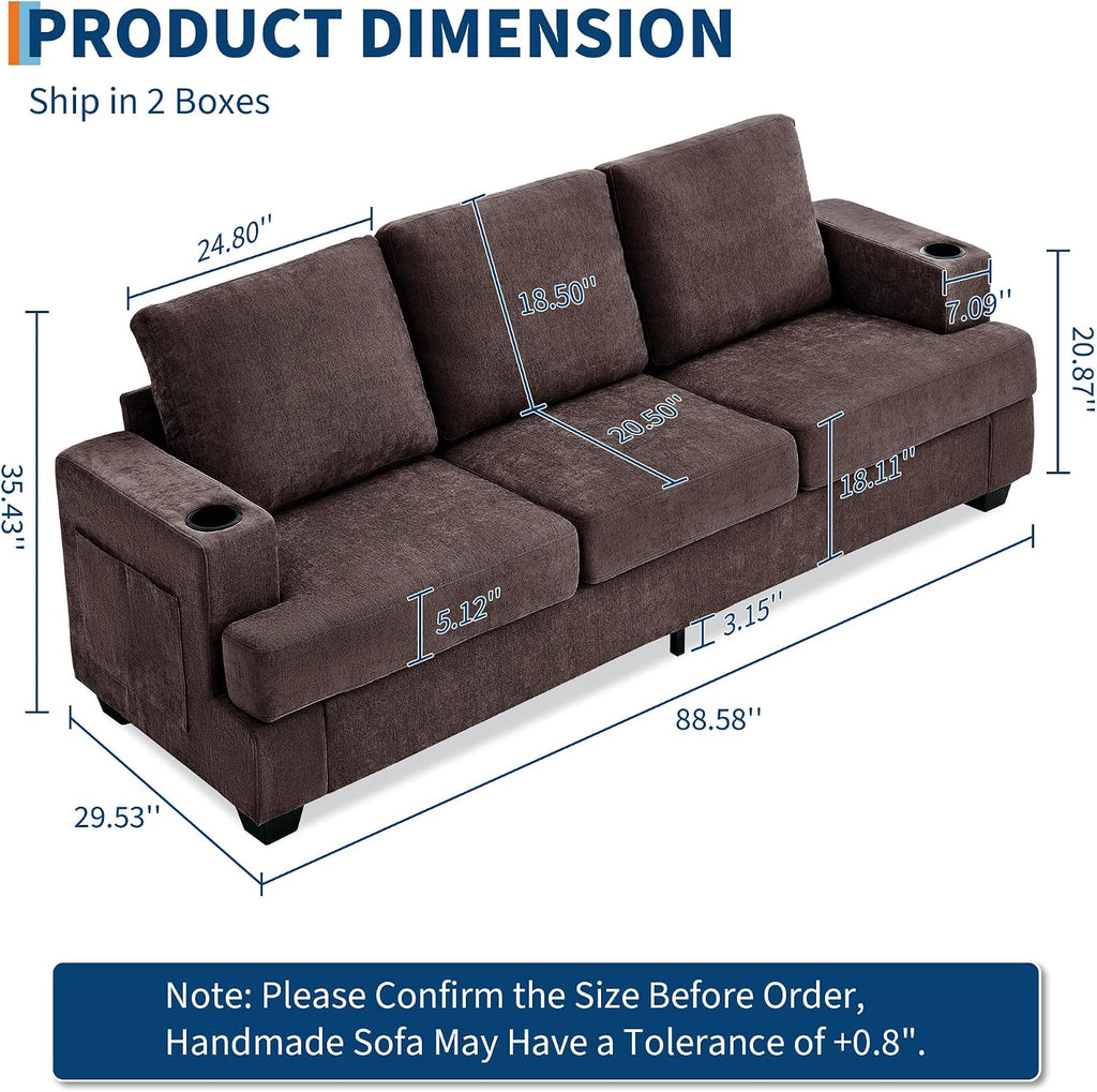 Garvee 89' 3-Seater Sofa for Living Room, Comfy Couches with Deep Seat, Modern Chenille Couch with Cup Holders and Side Storage Pockets for Apartment Lounge, Brown