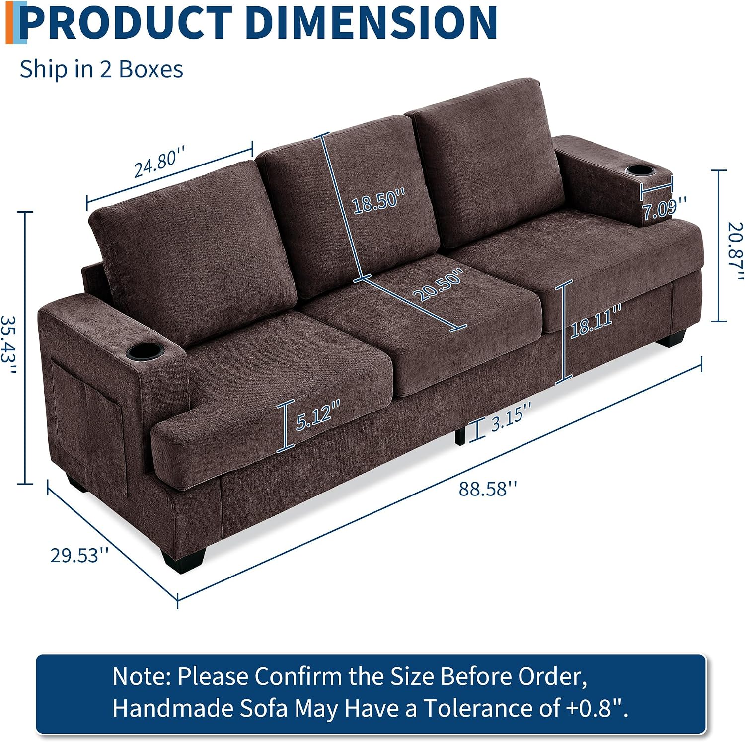 Garvee 89' 3-Seater Sofa for Living Room, Comfy Couches with Deep Seat, Modern Chenille Couch with Cup Holders and Side Storage Pockets for Apartment Lounge, Brown