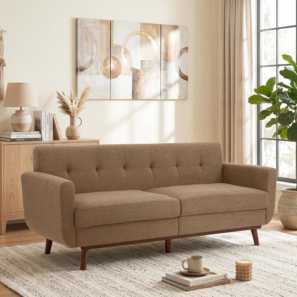 Kingfun 77.2' W Loveseat Sofa, Mid Century Modern Decor Love Seat Couches for Living Room, Button Tufted Upholstered Furniture, Solid & Easy to Install Small Couch for Bedroom, Office Apartment, Brown
