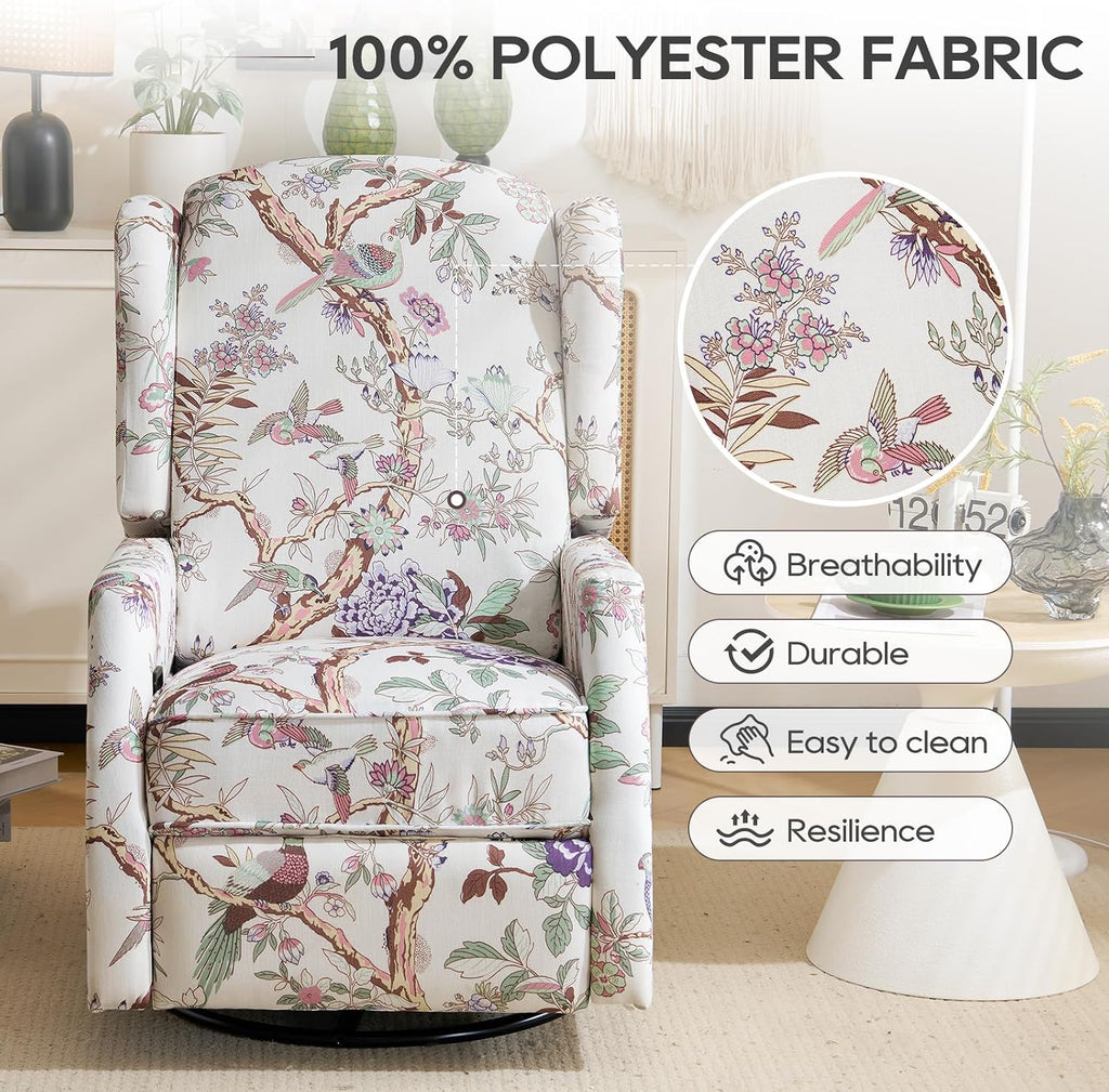 Swivel Rocker Recliner,Wingback Recliner Chair,Floral Accent Chair Fabric Chair with High Back,Padded Seat for Living Room,Bedroom, Home Office (Bird)