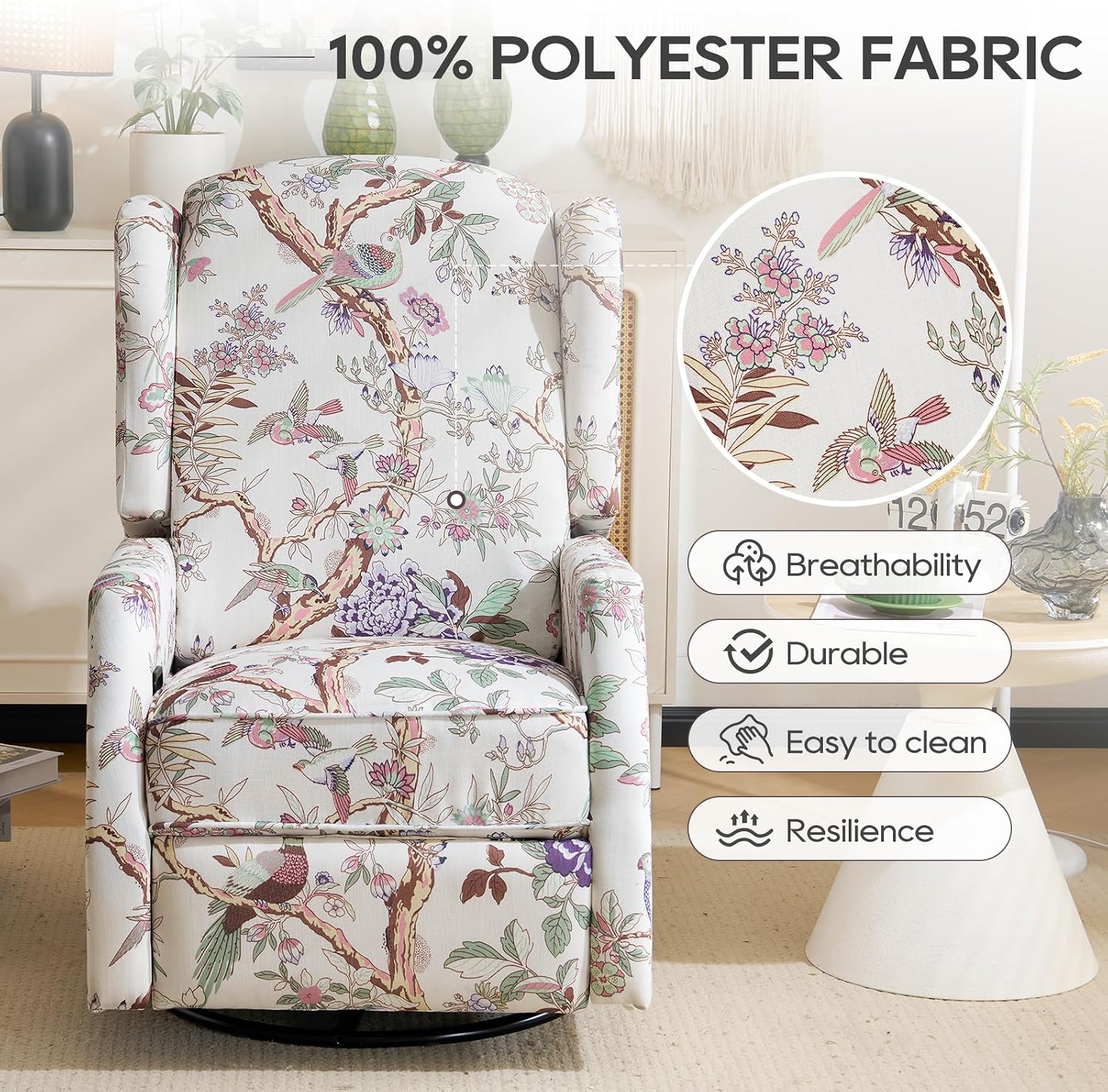Swivel Rocker Recliner,Wingback Recliner Chair,Floral Accent Chair Fabric Chair with High Back,Padded Seat for Living Room,Bedroom, Home Office (Bird)
