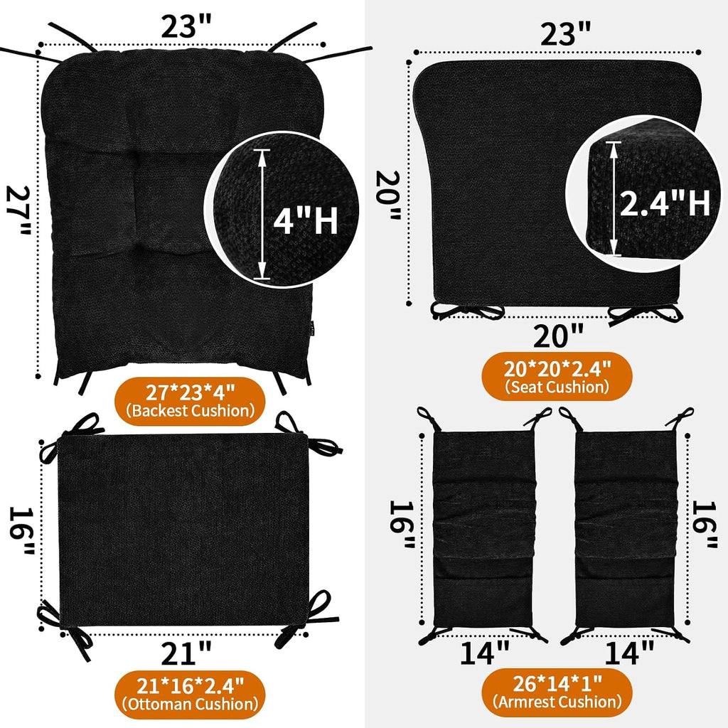 5 PCS Glider Rocker Replacement Cushions with Storage Side Pocket, Luxuriy Chenille Fabric Foam & Microfiber Filling, Thickened & Supportive Rocking Chair Cushion Set, Black