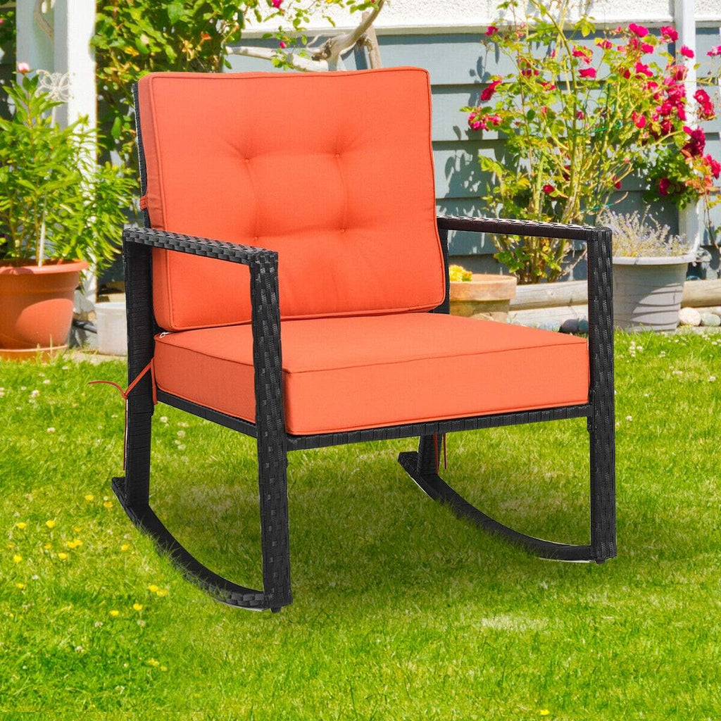 Tangkula Wicker Rocking Chair, Outdoor Glider Rattan Rocker Chair with Heavy-Duty Steel Frame, Patio Wicker Furniture Seat with 5' Thick Cushion for Garden, Porch, Backyard, Poolside (2, Orange)