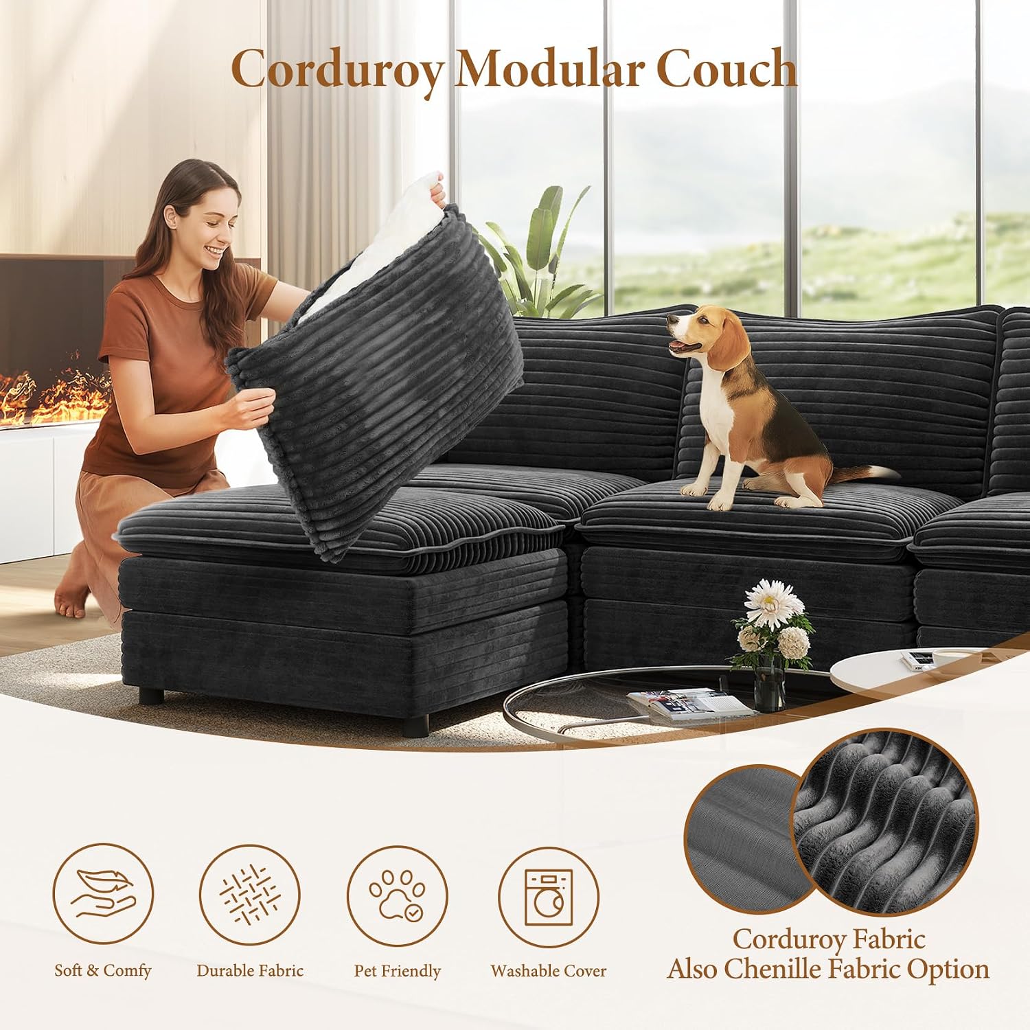 Vesgantti 108' Cloud Couch for Living Room, Deep Seat Sectional Modular Sofa with Ottoman, Double Cushion Corduroy L Shaped Sofas Set Easy Rearrange for Apartment, Office, Bedroom, Dark Grey