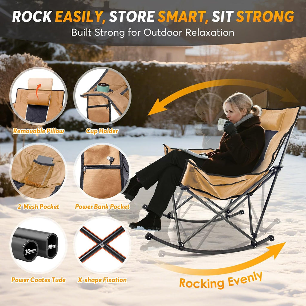 Suteck Heated Rocking Camping Chair - Fully Thicker Padded Heated Chairs for Outdoor Sports W/3 Heat Levels for Back & Seat, Heated Folding Chair for Adults with Carry Bag- Battery NOT Included