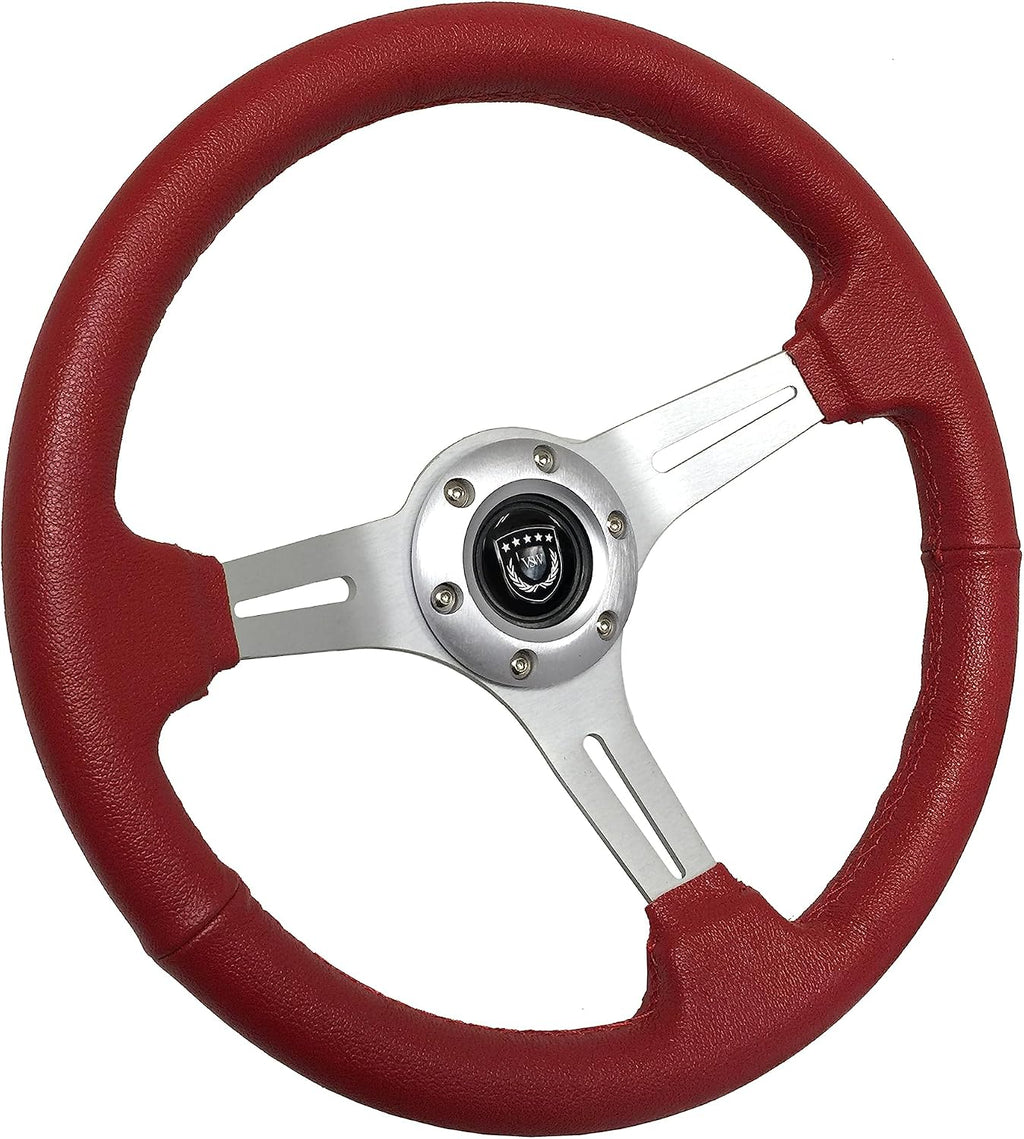VSW S6 Steering Wheel, Red Leather 6 Bolt Brushed Slotted 3-Spoke ST3014RED