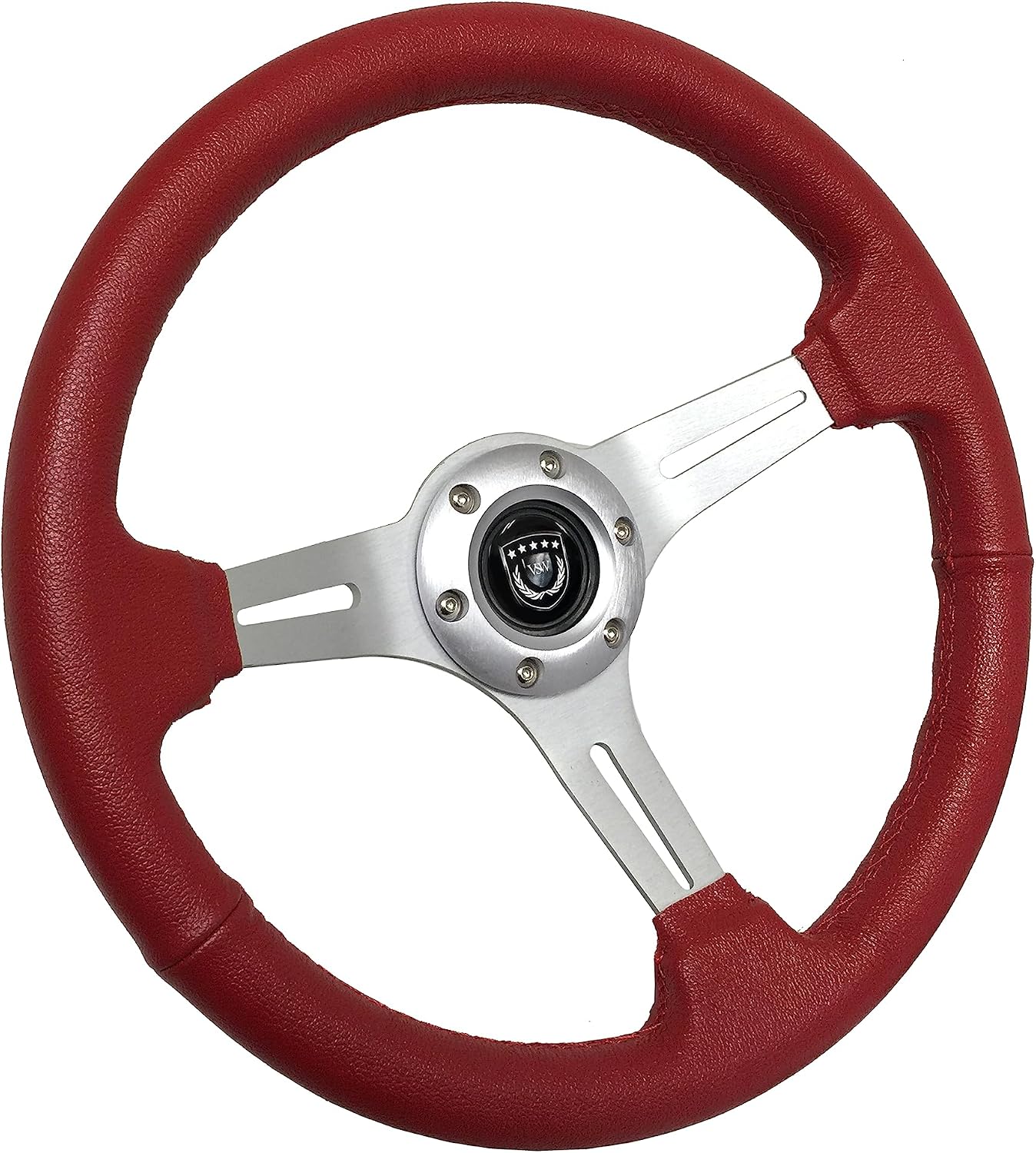 VSW S6 Steering Wheel, Red Leather 6 Bolt Brushed Slotted 3-Spoke ST3014RED