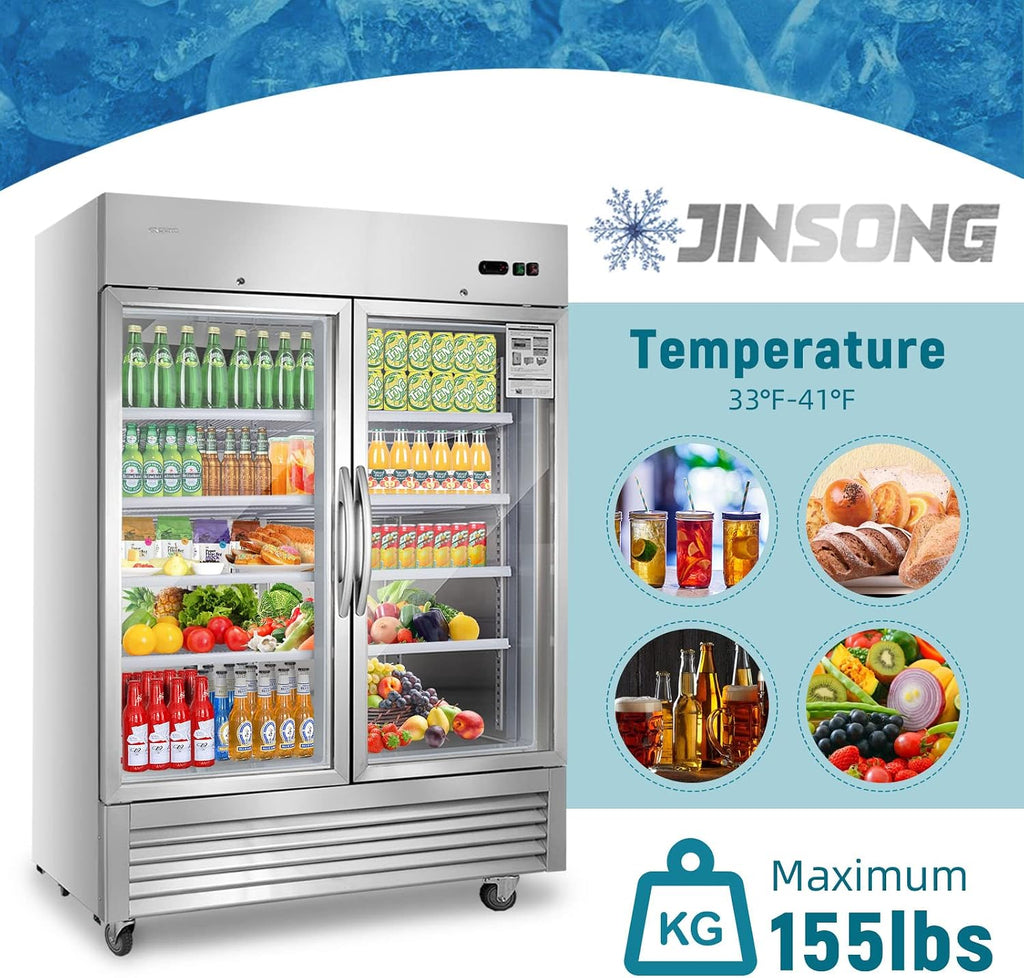 JINSONG Commercial Beverage Fridge Display Refrigerator, 54' Wide, Glass Door Refrigerator, Stainless Steel Beverage Cooler with LED Lighting & 8 Shelves for Restaurant, Office, Shop, Bar, 49 Cu.ft