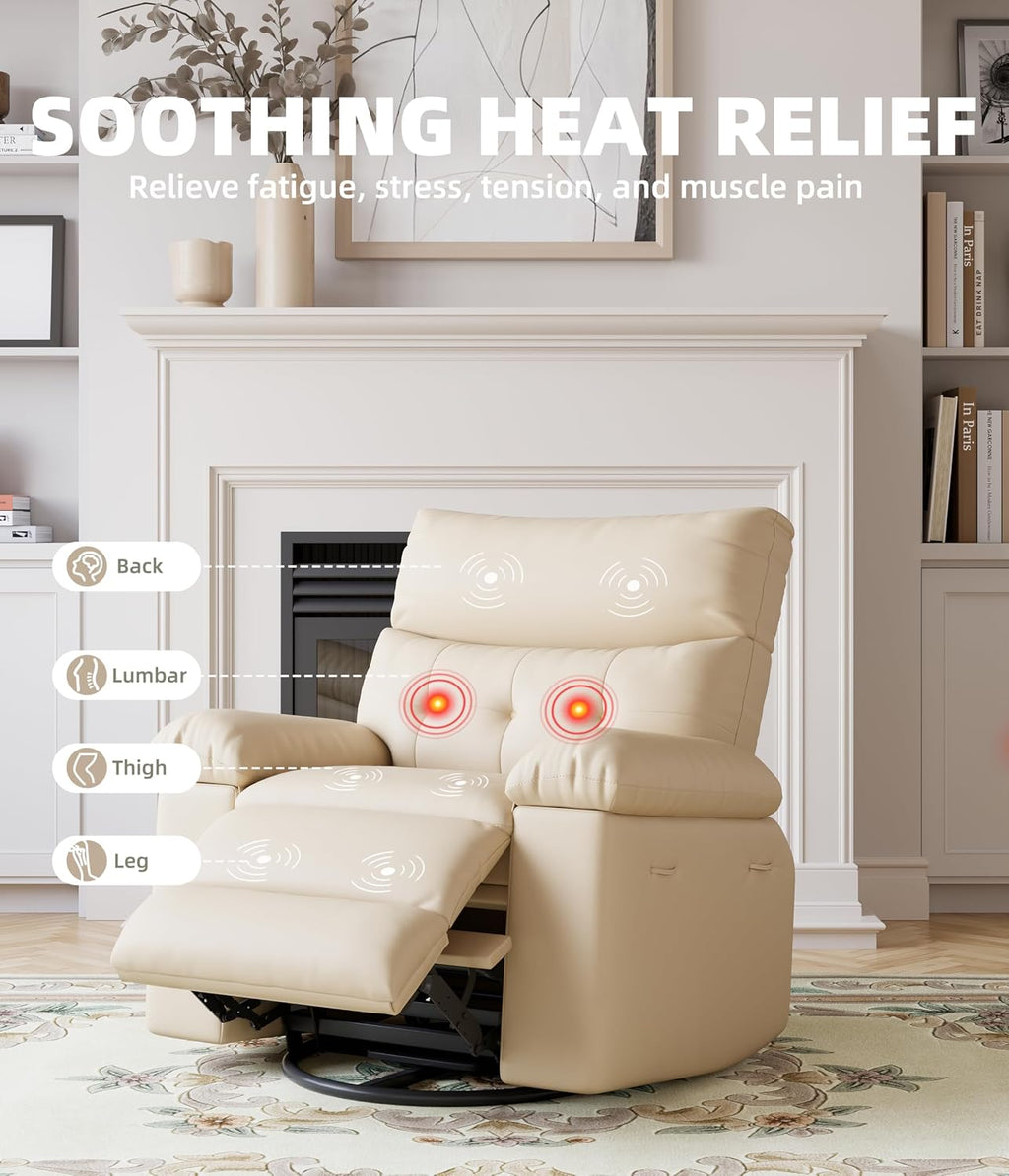 Oversized Recliner Chair with Heating & Massage, XL Faux Leather Nursery Rocking Chairs for Adults with Cup Holder and Side Pockets, Swivel Chair for Living Room, Bedroom Beige