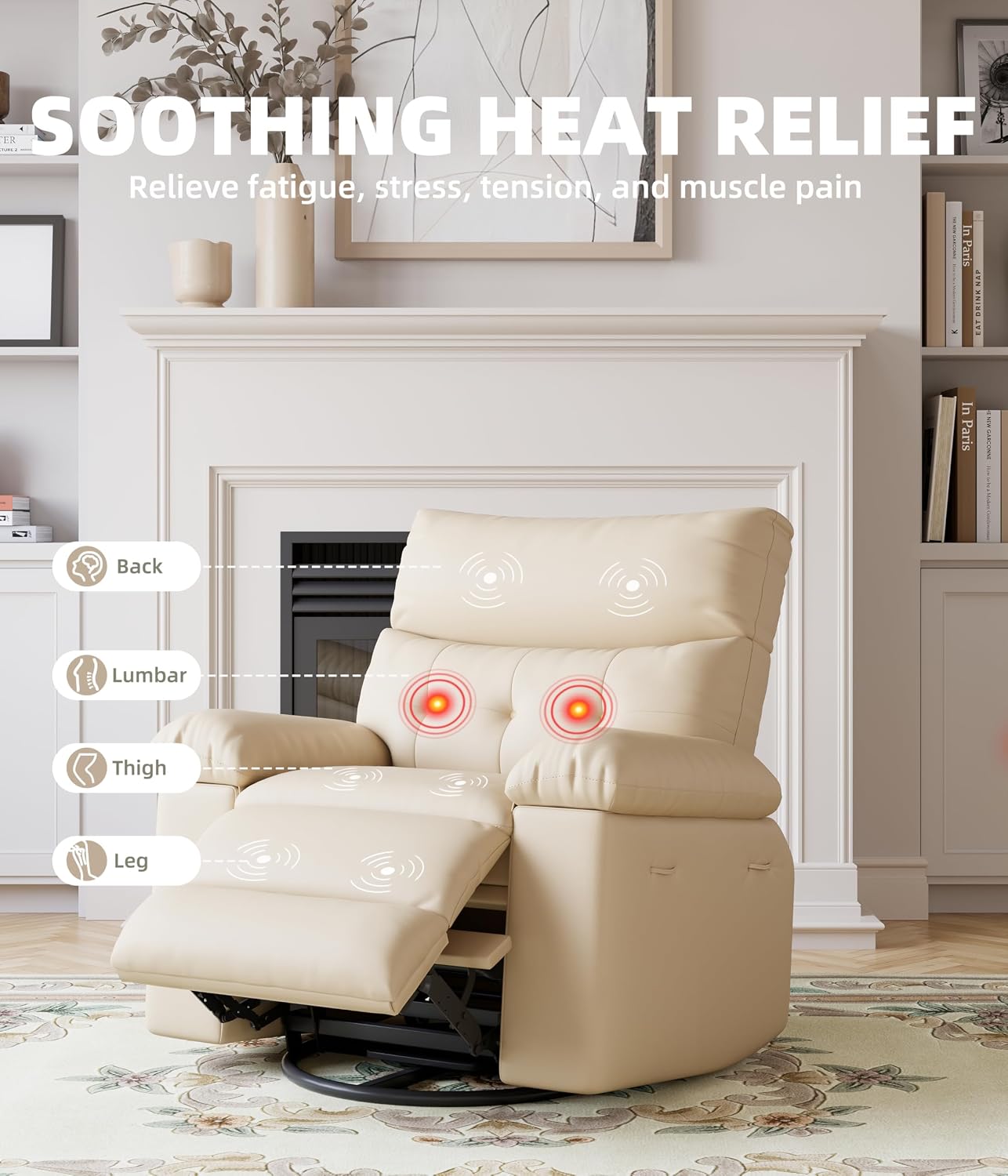 Oversized Recliner Chair with Heating & Massage, XL Faux Leather Nursery Rocking Chairs for Adults with Cup Holder and Side Pockets, Swivel Chair for Living Room, Bedroom Beige