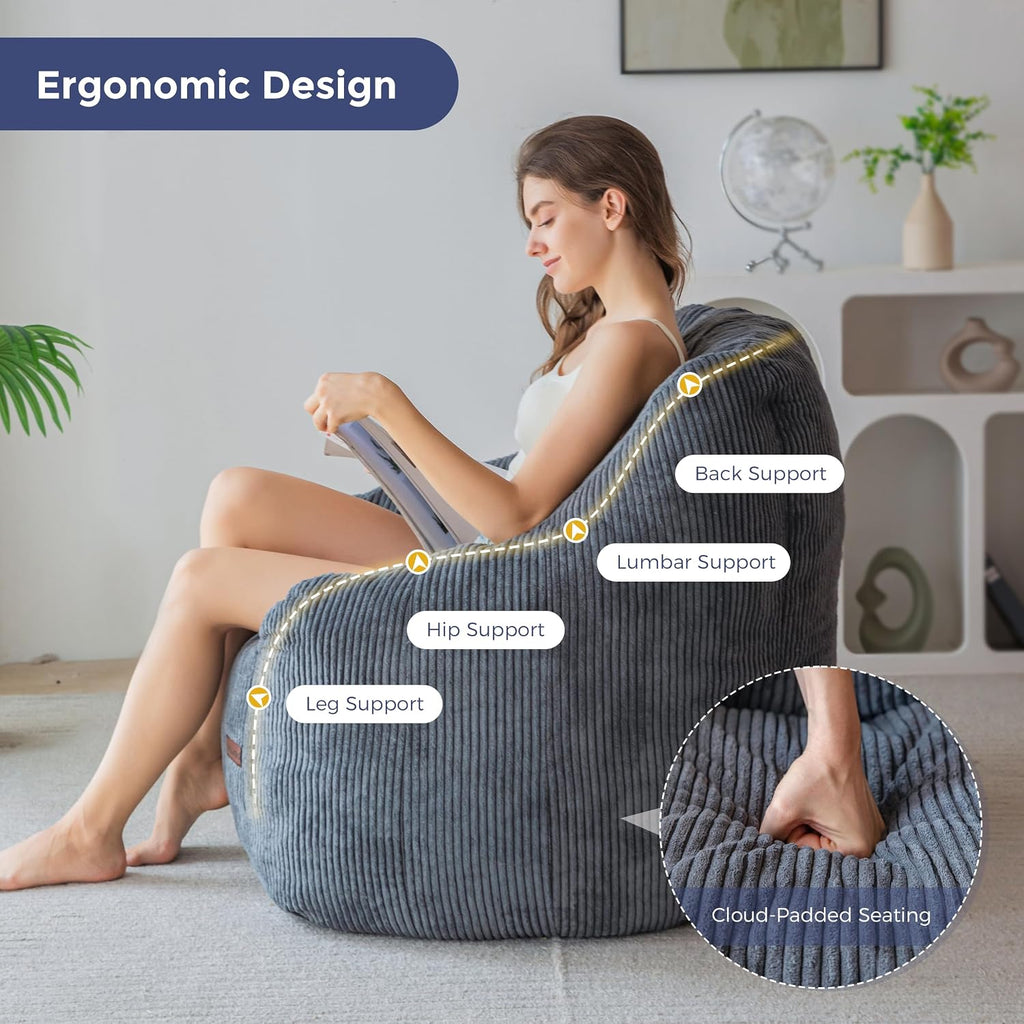 MAXYOYO Bean Bag Chair, Bean Bag Sofa with Filler, Cozy Living Room Chair for Adults and Kids, Stuffed Floor Sofa for Bedroom Dorm Reading, Dark Grey