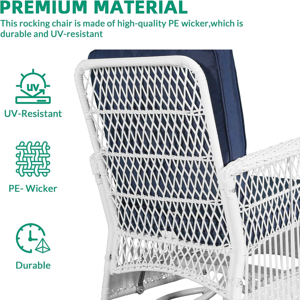 VIVIJASON 5-Piece Outdoor Patio White Wicker Conversation Sets, All Weather Outdoor Rattan Furniture Set Includes Glider Loveseat, 2 Coffee Table, 2 Swivel-Gliders Chairs with Cushions, Navy Blue