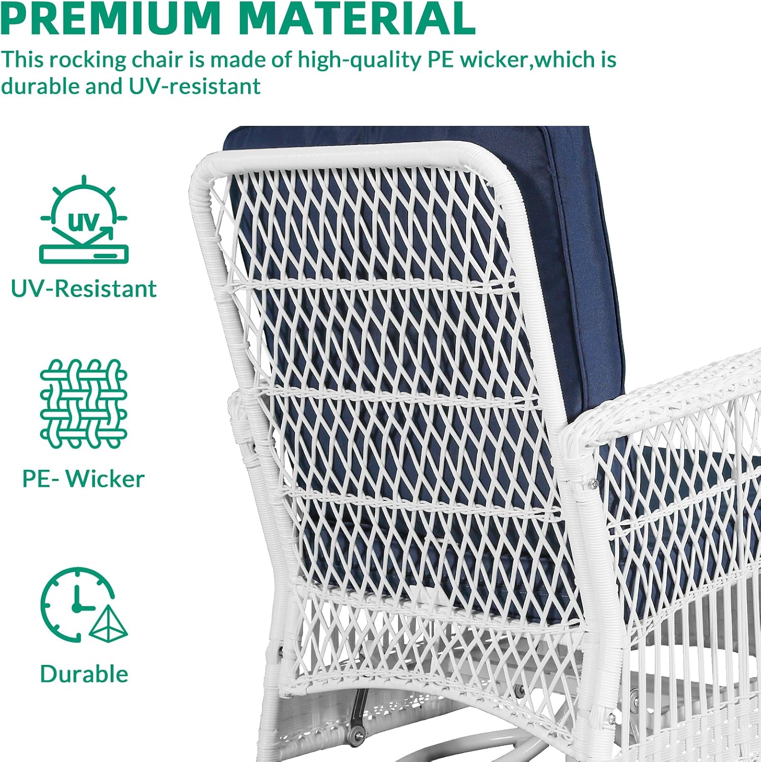 VIVIJASON 5-Piece Outdoor Patio White Wicker Conversation Sets, All Weather Outdoor Rattan Furniture Set Includes Glider Loveseat, 2 Coffee Table, 2 Swivel-Gliders Chairs with Cushions, Navy Blue