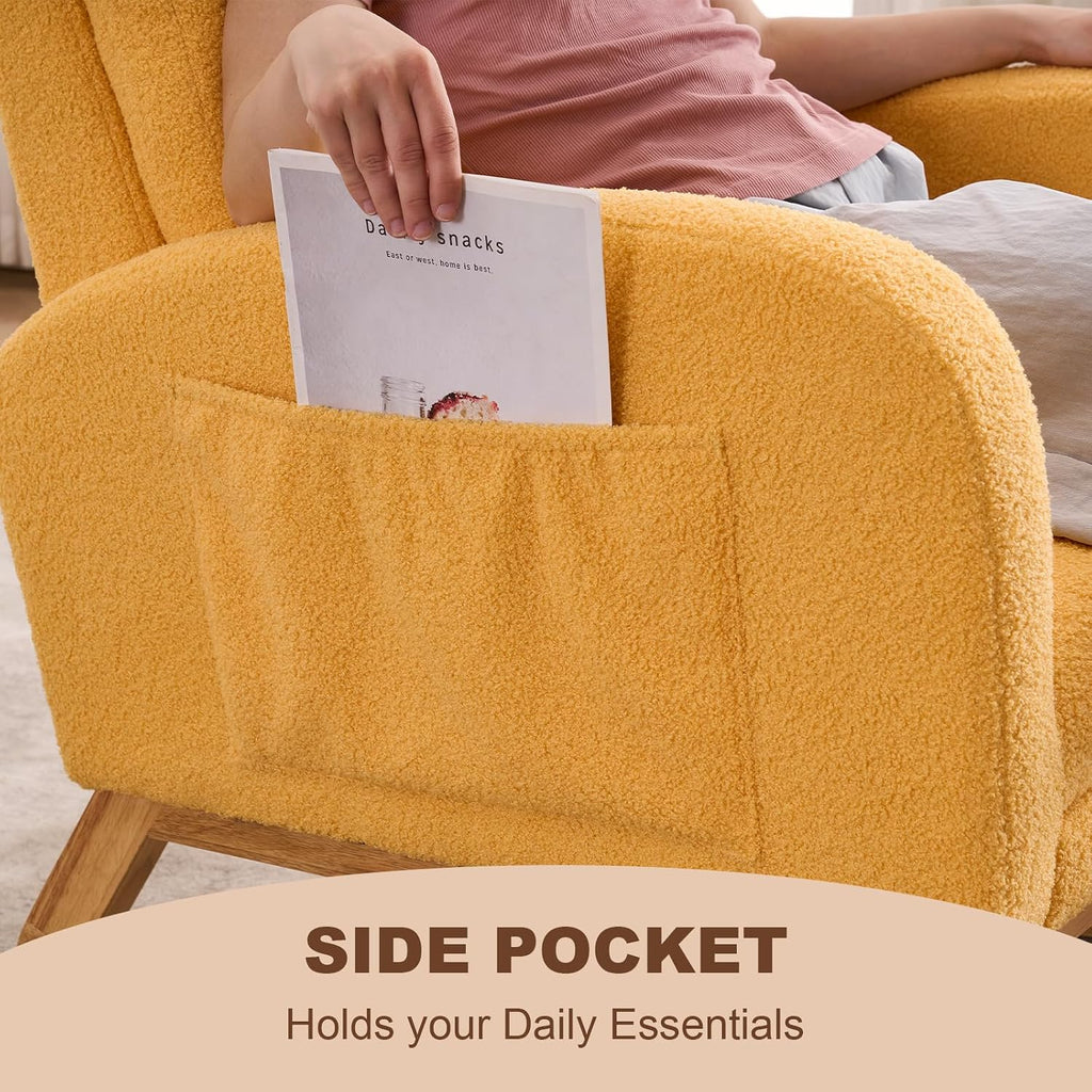 Nursery Rocking Chair,Rubber Wood Base Glider Rocking Chair with Adjustable Footrest and Side Pocket,Teddy Fleece Glider Rocker for Living Room, Bedroom (Teddy Fleece, Yellow)