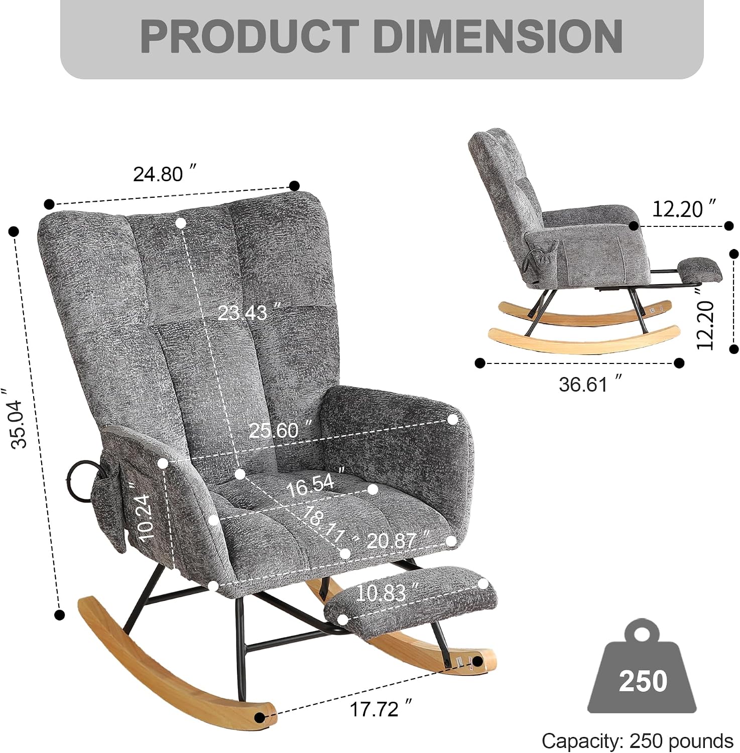 Rocking Chair Nursery with Airbag, Comfy Modern Nursery Rocking Reading Chair indoor with Footrest, Cozy Upholstered Glider Rocker Chairs for Living Room Bedroom Offices(Chenille, Dark Grey)