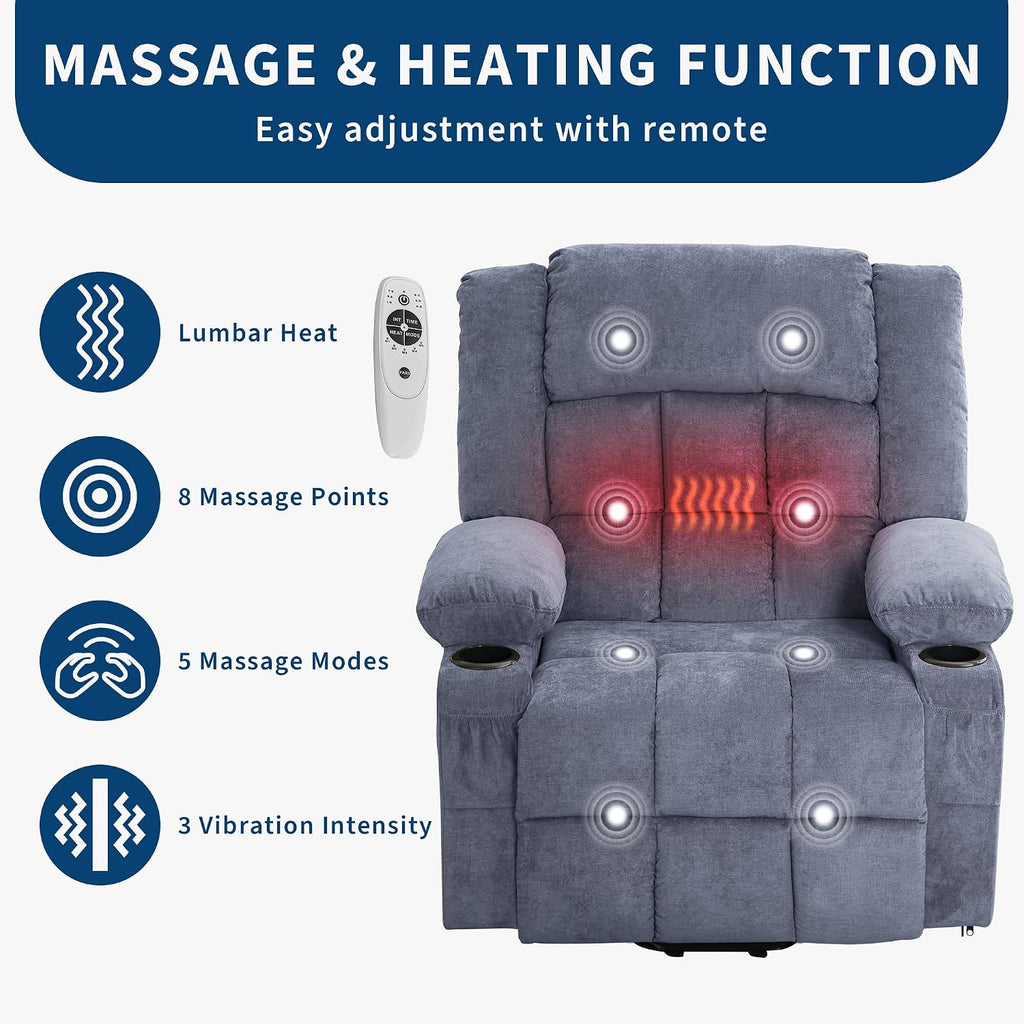 Power Lift Recliner Chair for Elderly Adults 8-Point Massage Lumbar Heating 90/120/150° 3 Recline Positions Motorized Lift Assist Remote Control 2 Side Pockets 2 Cup Holders USB Charging Ports