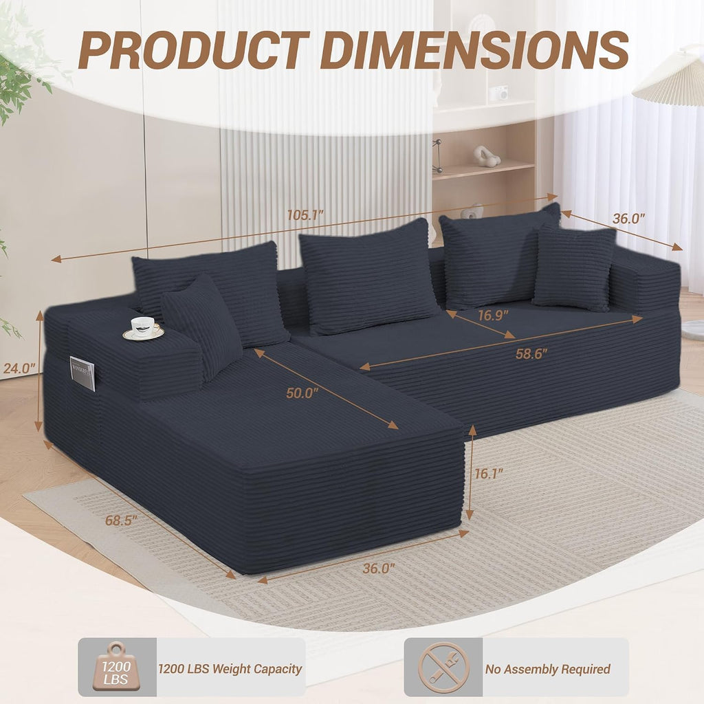 105'' Modular L-Shaped Boneless Sectional, Corduroy Deep Seat Cloud Sectional Couch, Small Space Sofa for Apartment Living Room Bedroom, No Assembly, Black