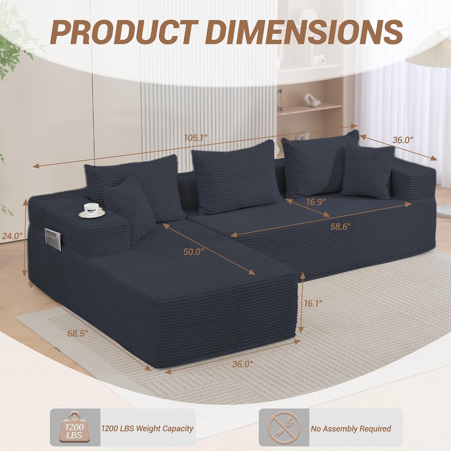 105'' Modular L-Shaped Boneless Sectional, Corduroy Deep Seat Cloud Sectional Couch, Small Space Sofa for Apartment Living Room Bedroom, No Assembly, Black
