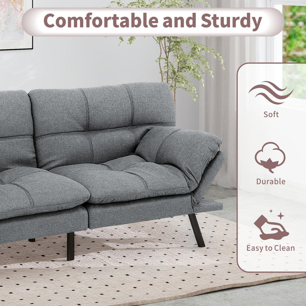 Opoiar 71-Inch Adjustable Futon Sofa Bed, Convertible Sleeper Couch with Split-Back Design for Personalized Comfort, Modern Loveseat Futon for Living Room & Small Spaces, Linen, Ash Gray