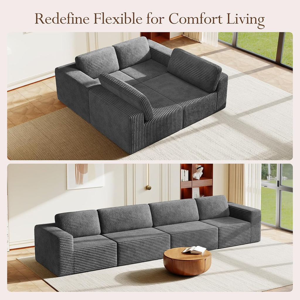 Vesgantti 159' Modular Sectional Sofa, Corduroy Cloud Couch with Extra Deep Seats & Spring Support, Flexible Layout 4-Seater Boneless Couch, No Assembly Required, Grey