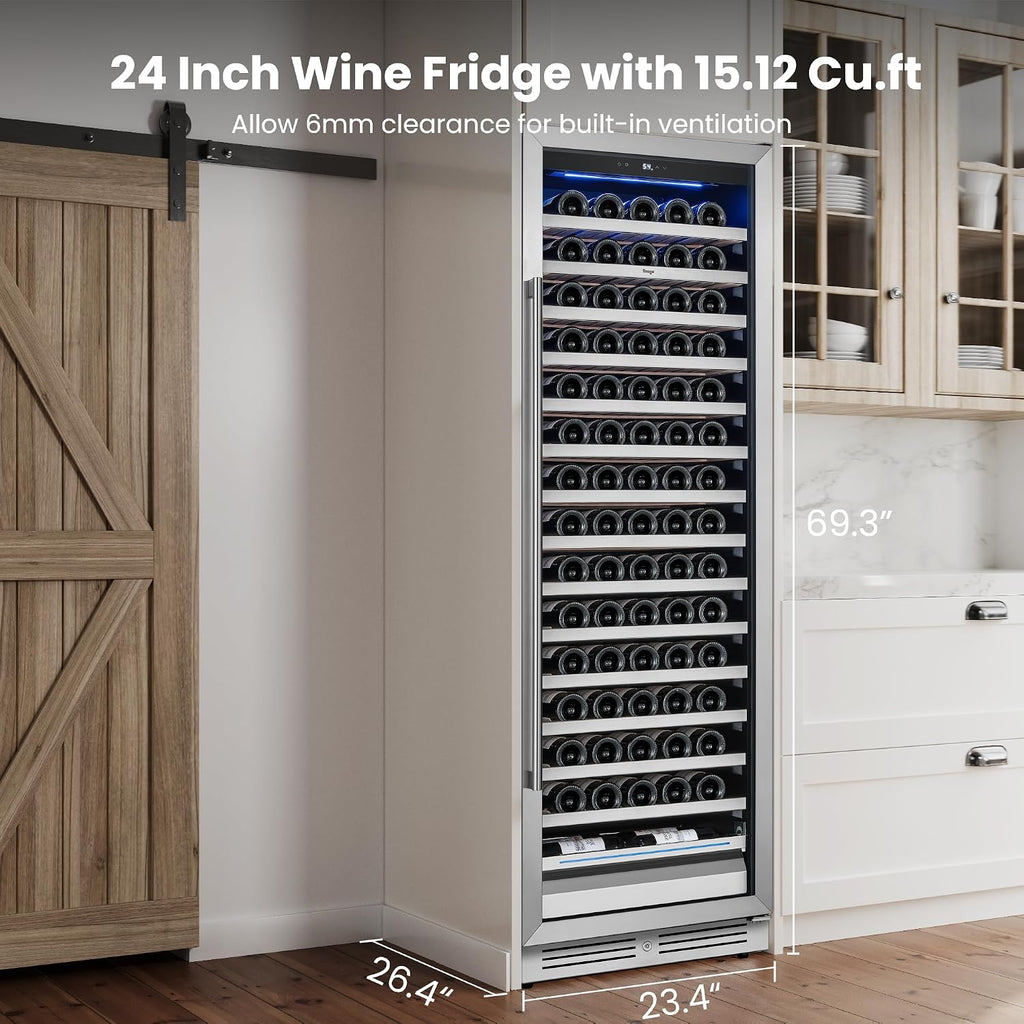 Yeego 24 Inch Wine Cooler Fridge – Wine Refrigerator 40°F-65°F, 304 Stainless Steel Glass Door Lock, Temperature Memory Blue & White LED Built-in Fridge with Adjustable Shelves (165 Bottle)