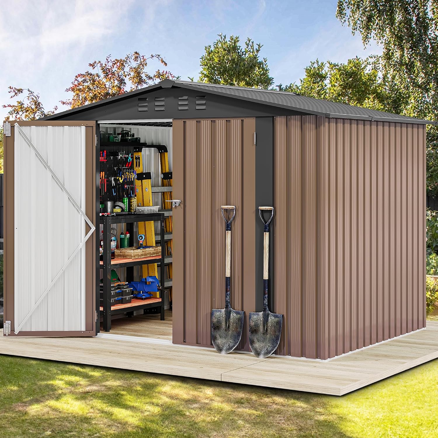 DWVO 7x5FT Outdoor Storage Shelter, Roomy Steel Tool Shed with Secure Entrances & Air Circulation for Patio, Lawn, and Backyard, Ideal for Storing Garden Gear, Lawn Tools, and Bikes, Brown