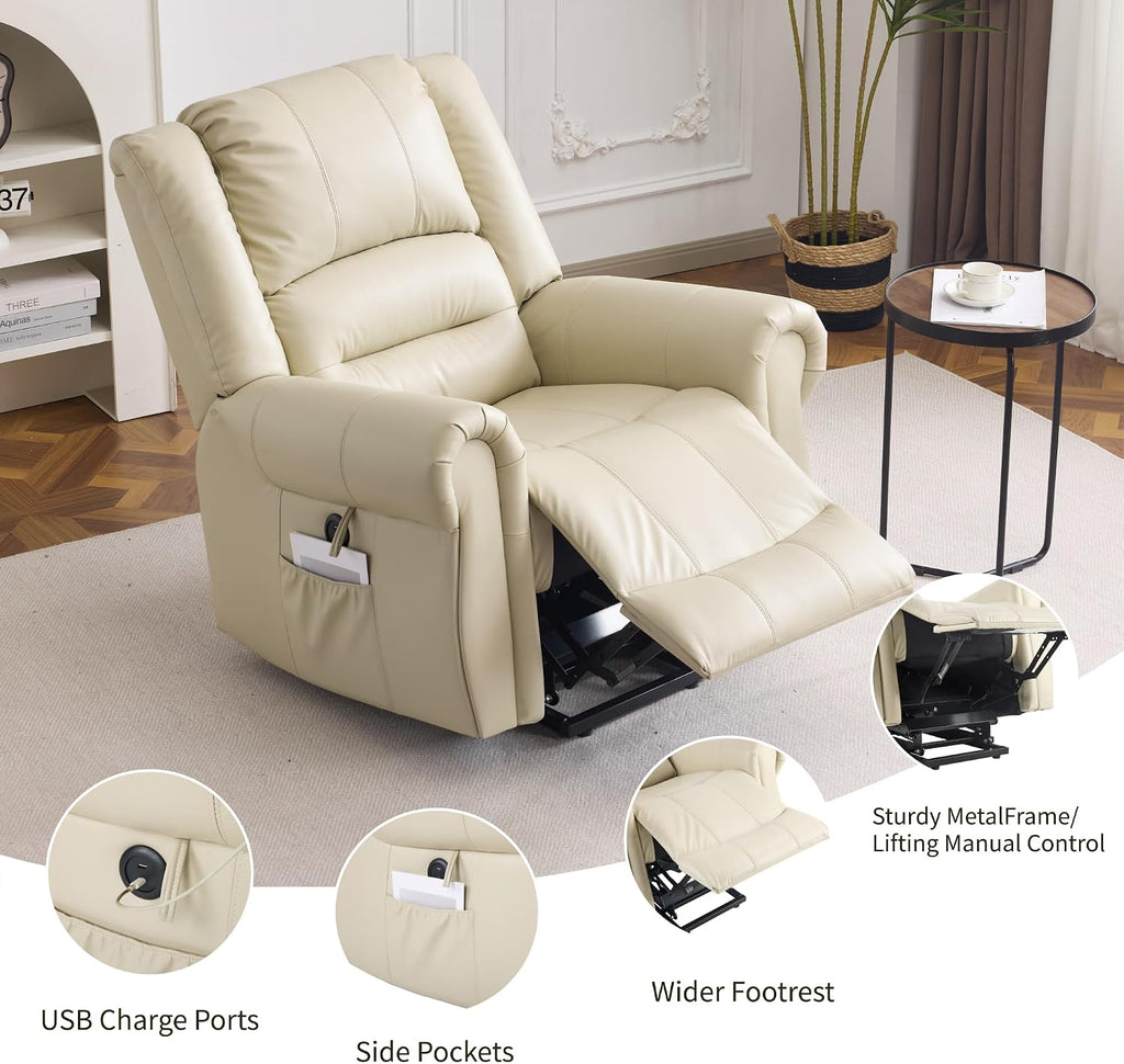 FLEXISPOT Power Lift Recliner Chair for Elderly with Heat & Massage, Faux Leather Electric Reclining Chair for Seniors with USB Ports, Cup Holders & Side Pockets, Cream
