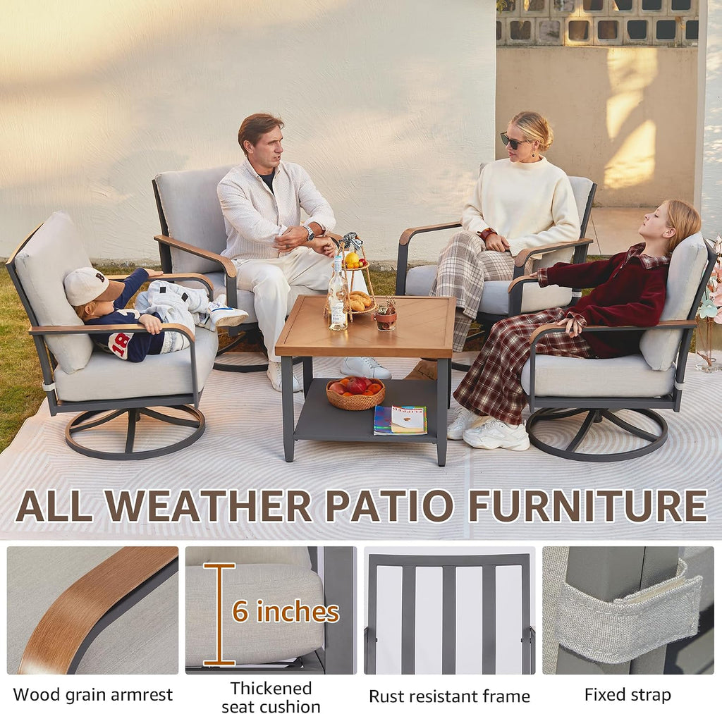 NATURAL EXPRESSIONS 5 Piece Patio Furniture Set, Outdoor Conversation with 4 Pcs Swivel Rocking Chairs and 28' Double-Layer Coffee Table 6' Thick Cushions for Balcony, Backyard, Deck (Light Gray)