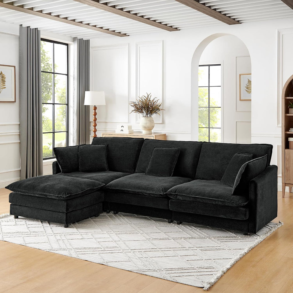 Ball & Cast L-Shaped Modular Sectional Sofa Convertible Oversized 4 Seater Cloud Couch with Ottoman, Corner Sofas Comfy Couches for Living Room Spacious Space Office Lounge, Black