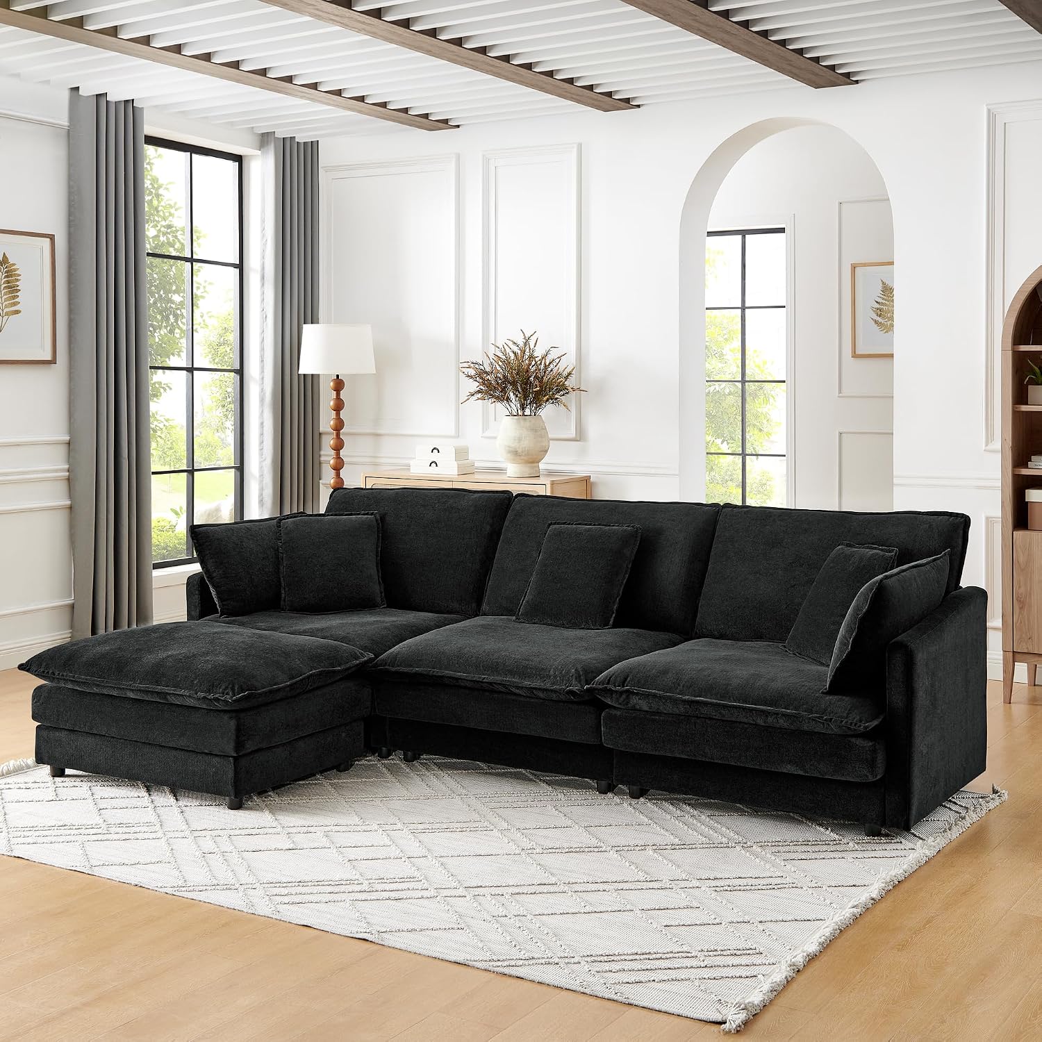 Ball & Cast L-Shaped Modular Sectional Sofa Convertible Oversized 4 Seater Cloud Couch with Ottoman, Corner Sofas Comfy Couches for Living Room Spacious Space Office Lounge, Black