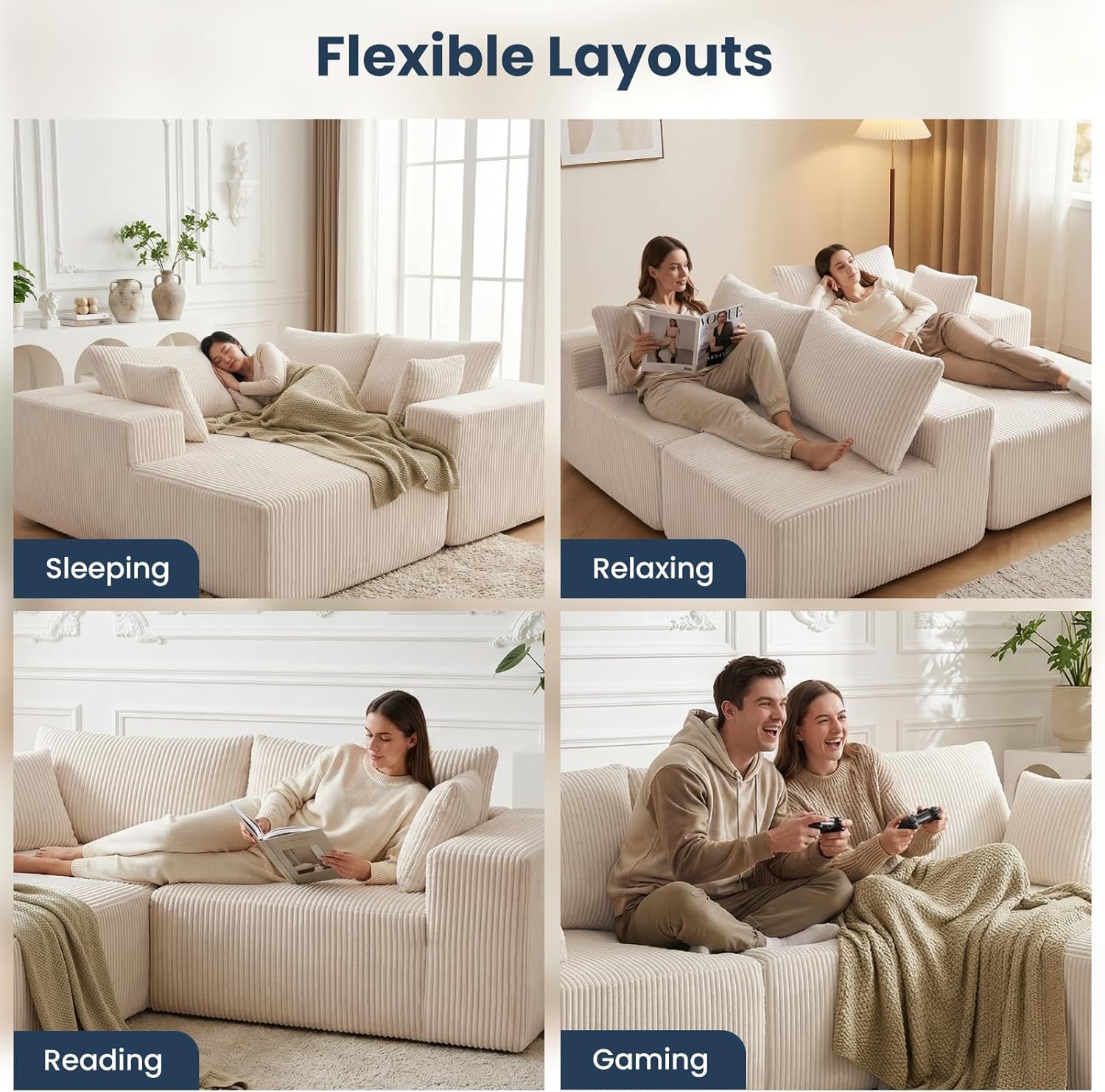 DUMOS 108' Boneless Couch, Cloud Sectional Couch with L-Shape Chaise, Modular Sectional Sofa with Deep Seat, Upholstered Couch for Living Room Bedroom, No Assembly Required, Beige, Left Facing Chaise