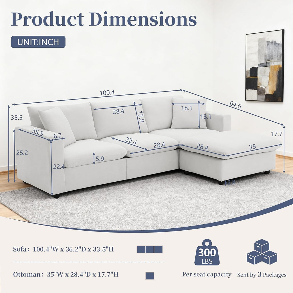 Tmsan 100.4' Modular Sectional Sofa Cloud Couch for Living Room, Modern Convertible L Shaped Couch Set with Ottoman, 4 Seater Polyester Fabric Sofa with 2 Pillows for Apartment Office (White)