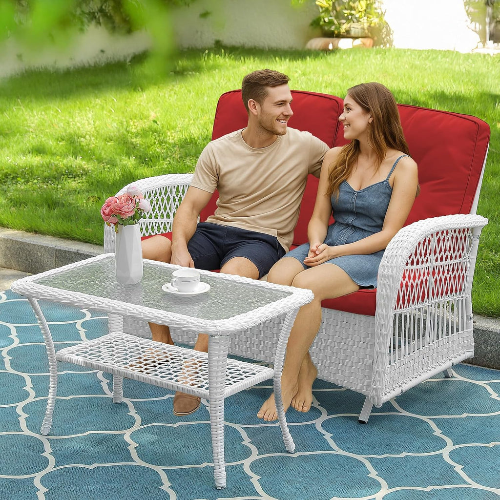 VIVIJASON 2-Piece Patio White Wicker Loveseat Glider Set Cushioned, Outdoor Conversation Furniture Sets with 2-Seater Glider Rocking Bench, Coffee Table and Cushions for Porch Garden Poolside, Red