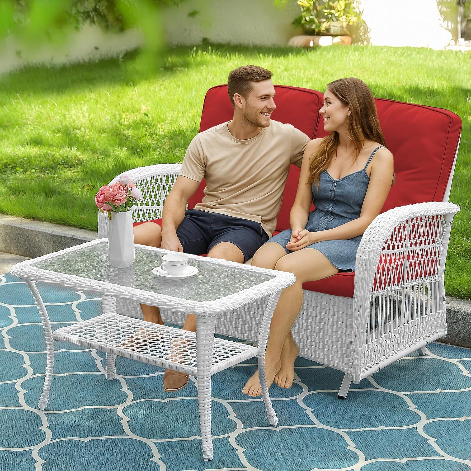 VIVIJASON 2-Piece Patio White Wicker Loveseat Glider Set Cushioned, Outdoor Conversation Furniture Sets with 2-Seater Glider Rocking Bench, Coffee Table and Cushions for Porch Garden Poolside, Red