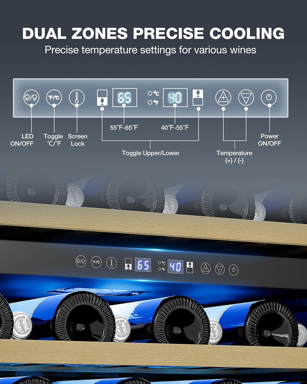 15 Inch Under Counter Refrigerator, 29 Bottle Dual Zone Wine Fridge for Built-In or Freestanding Use, Features Removable Shelves and Glass Door, Small Refrigerator for Home or Office (Black)