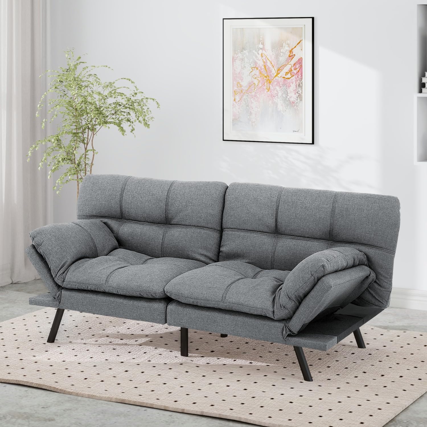 Opoiar 71-Inch Adjustable Futon Sofa Bed, Convertible Sleeper Couch with Split-Back Design for Personalized Comfort, Modern Loveseat Futon for Living Room & Small Spaces, Linen, Ash Gray