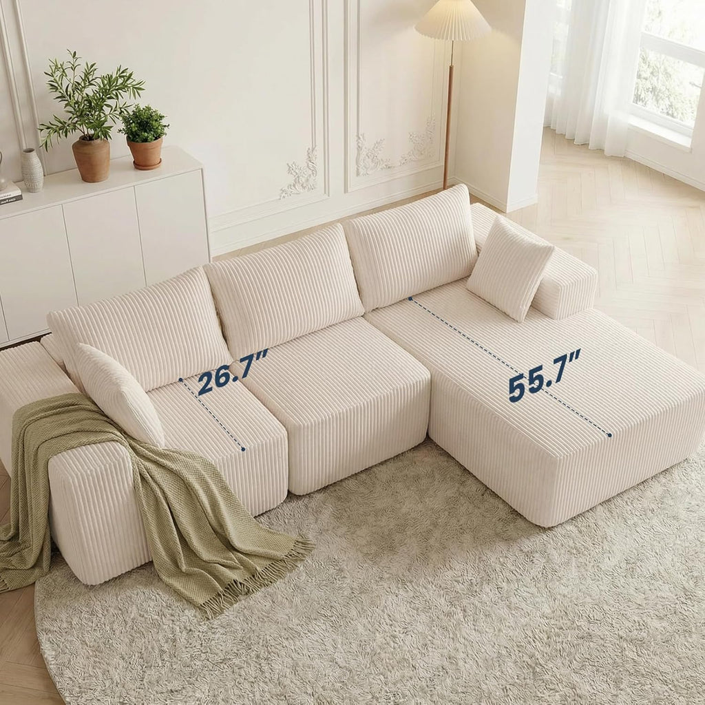 DUMOS 108' Boneless Couch, Cloud Sectional Couch with L-Shape Chaise, Modular Sectional Sofa with Deep Seat, Fluffy Couch for Living Room Bedroom, No Assembly Required, Beige, Right Facing Chaise