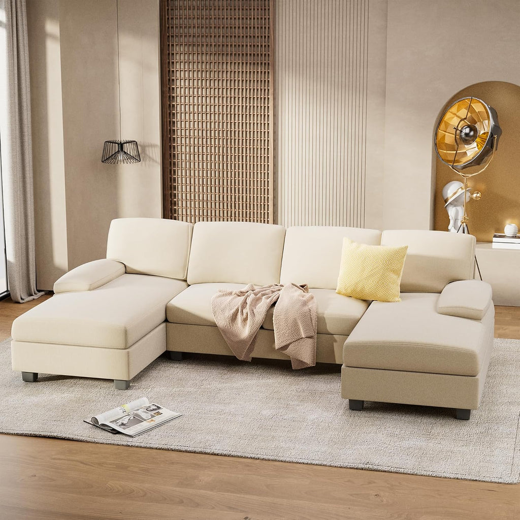 Furniwell Convertible Sectional Sofa Couch, 4 Seat Sofa Set for Living Room U-Shaped Modern Fabric Modular Sofa Sleeper with Double Chaise & Memory Foam (Fabric, White)