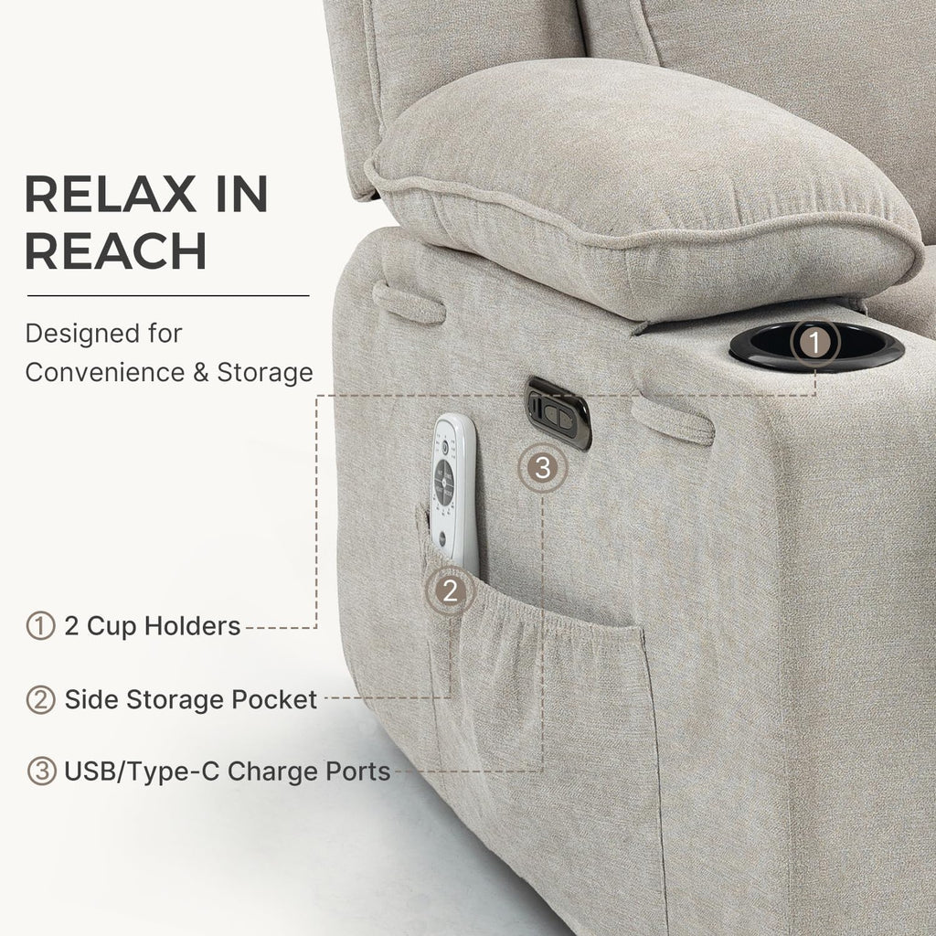 Recliner Chair Power Control, Nursery Reclining & Rocking Chair and Glider, Massage Swivel Living Room Furniture for Small Spaces, Bedroom, RVS, Lounge Sofa Chairs with USB & Type C Ports, Light Gray