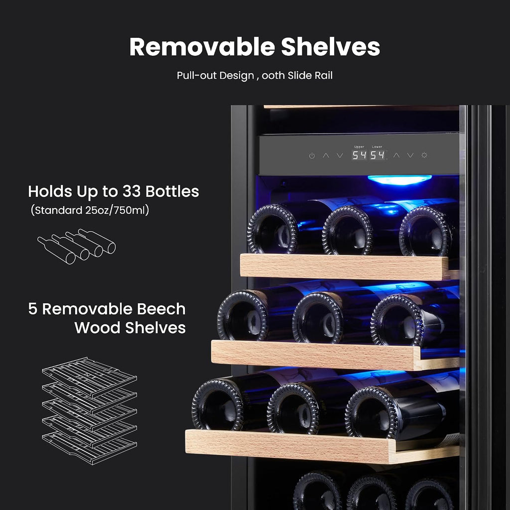 Yeego Wine Fridge Cooler - 15 Inch Dual Zone Wine Fridge Hold 28 Bottles, 40-65°F Wine Refrigerator Glass Door, Built in Fridge, Freestanding Adjustable Shelves Fridge for Beer Soda Drink Home Bar